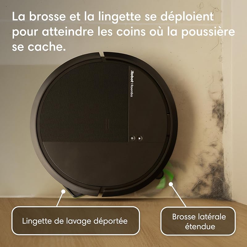 Roomba 115 Combo - Robot Aspirateur Laveur 2en1 - Puissance d'Aspiration de 15KPa - Brosse latérale étendue - Lingette de Lavage déportée - Navigation LiDAR - Noir
