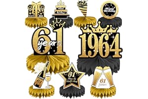 JOYCARD 61st Birthday Decorations Set, 1964 Table Toppers for Women Men Birthday Party Supplies, Happy 61 Year Old Table Decoration for Mother and Dad, 9Pcs Black & Gold Honeycomb Centerpieces