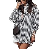 Yimoon Plaid Jacket Women Casual Houndstooth Jacket Flannel Shacket Loose Long Sleeve Shirt Button Down Shacket with Pockets
