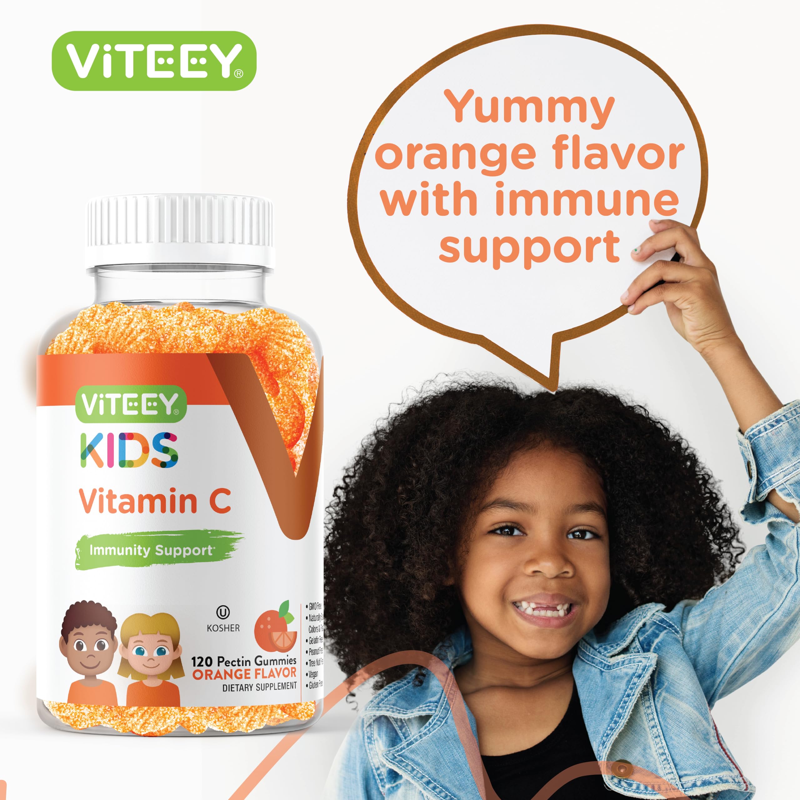 Viteey Kids Vitamin C Gummies - Immune Support for Kids, Toddlers, & Teens - Vegan, Gelatin Free, Gluten Free, GMO Free - Tasty Chewable Orange Flavored Immunity Gummy