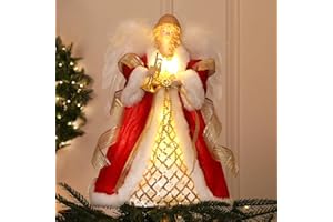 SINTENILL 12.5" Angel Christmas Tree Topper with Lights, Lighted Angel Tree Topper with White Feather Wings, Star Light, Trum
