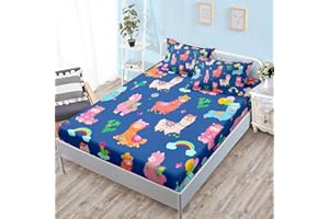 HOSIMA Kids Cute Llama Fitted Sheet,Cartoon Rainbow Alpaca Twin Fitted Sheet Animal Bedding Sets for Children Room Decor,Navy Blue Fitted Sheet 15