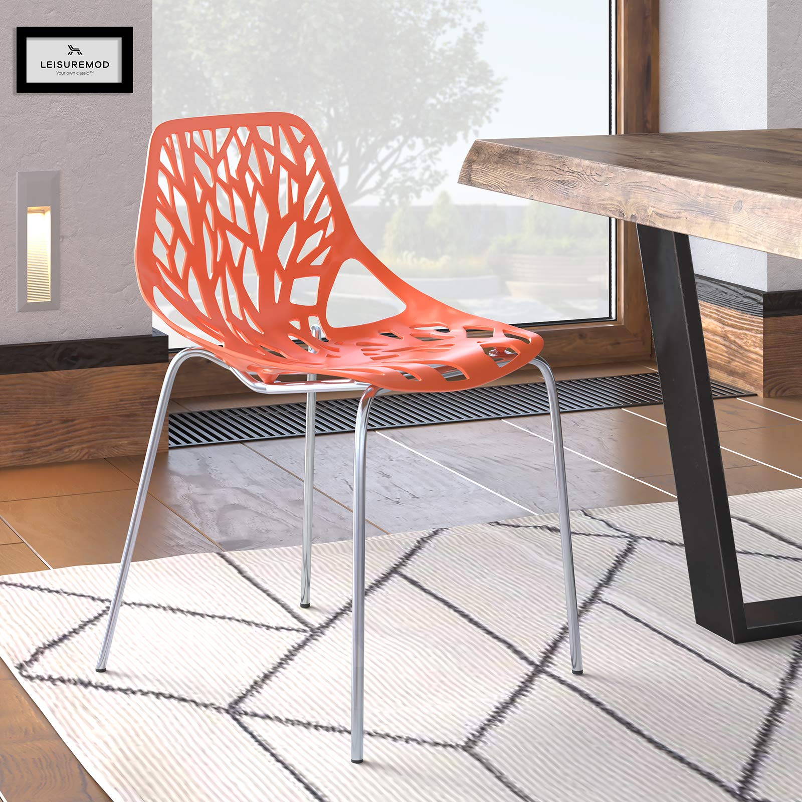 LeisureMod Forest Modern Dining Side Chair with Chrome Legs (Orange) 4 PACK