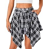 Womens Summer Pleated Skater Skirt Plus Size High Waisted Asymmetrical Flowy Wrap Holiday Plaid Skirts with Pockets