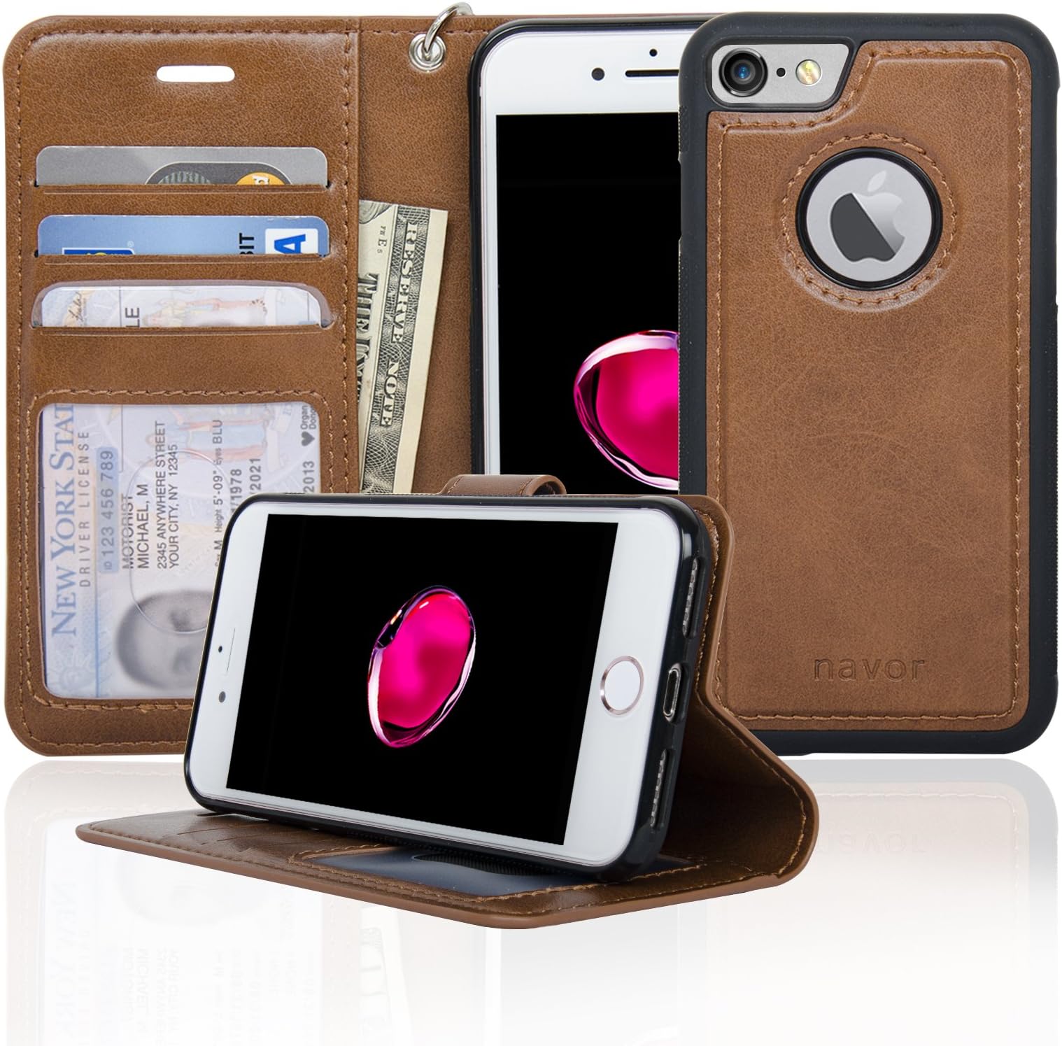 navorAuto Align Detachable Magnetic Wallet Case Compatible for iPhone 7 & 8 [RFID Theft Protection] JOOT-1L Series - Brown (IP71LBR)