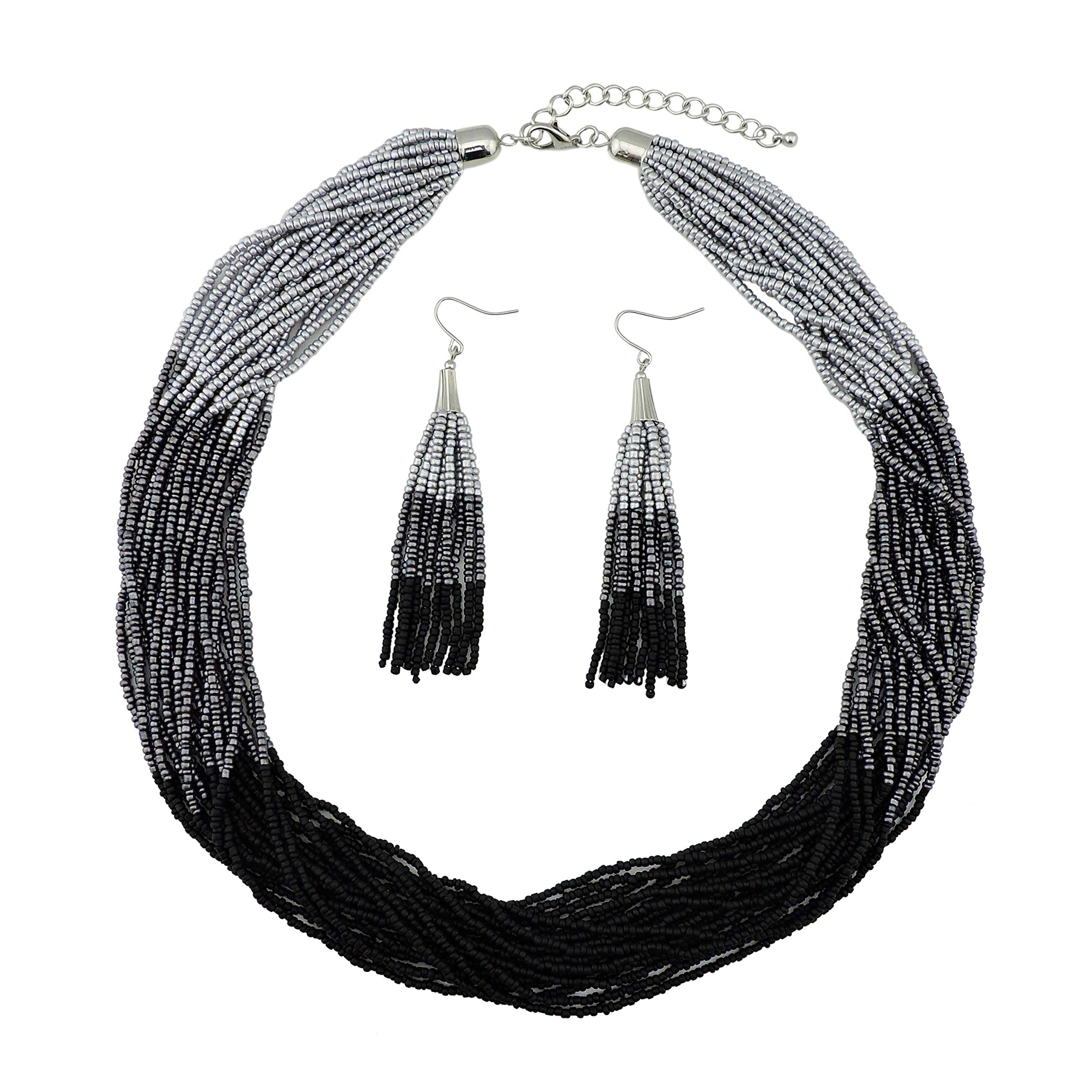 Bocar Multi Layer Beaded Statement Necklace Set Strand Necklace and earrings for Women Gift (NK-10459-Silver+Dark Gray+Mattle Black)