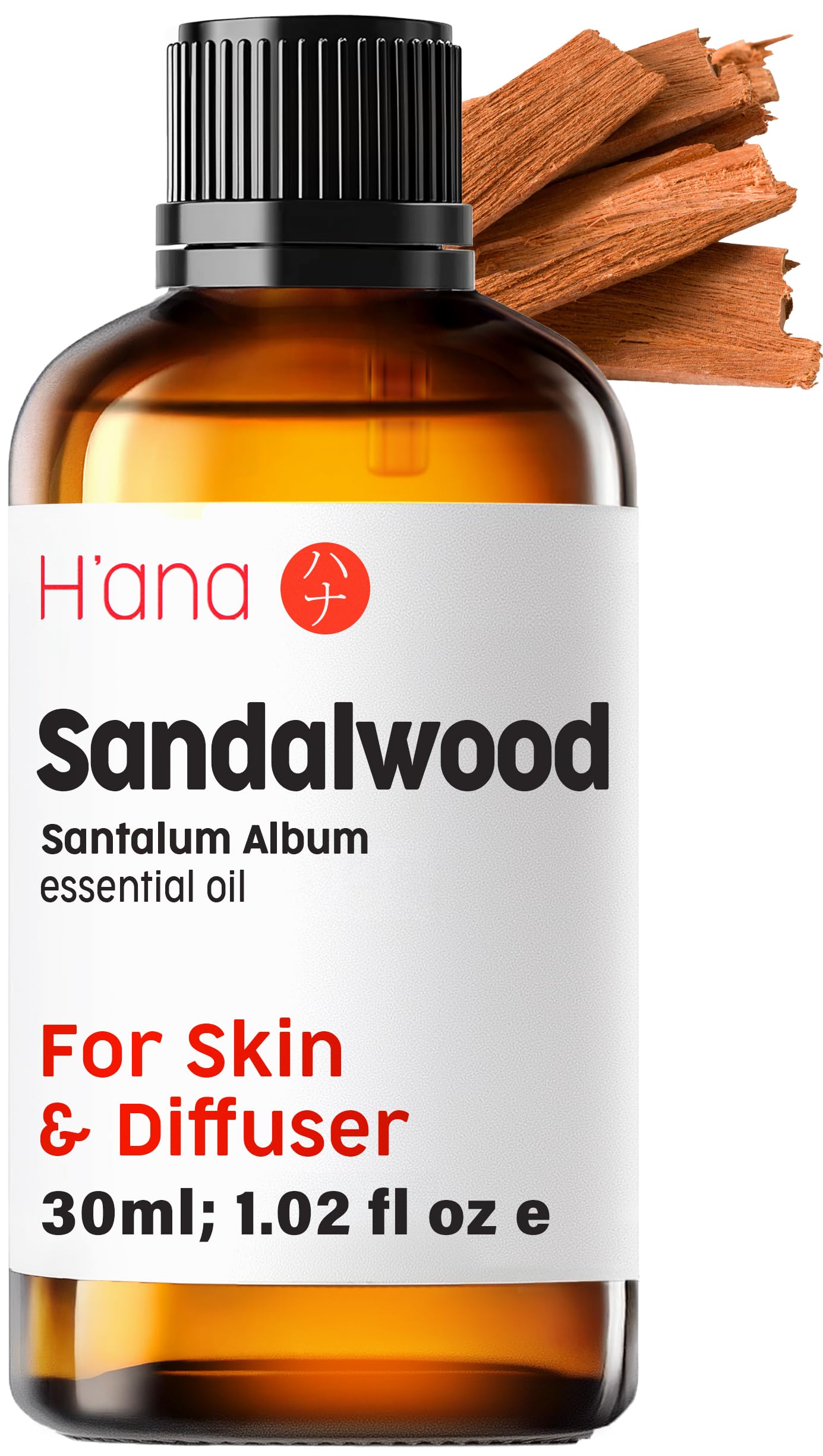 H’ana Sandalwood Essential Oil - 100% Pure Sandalwood Oil for Skin, Diffuser, Hair, Massage and Perfume - with a Warm, Woody Scent (30ml)