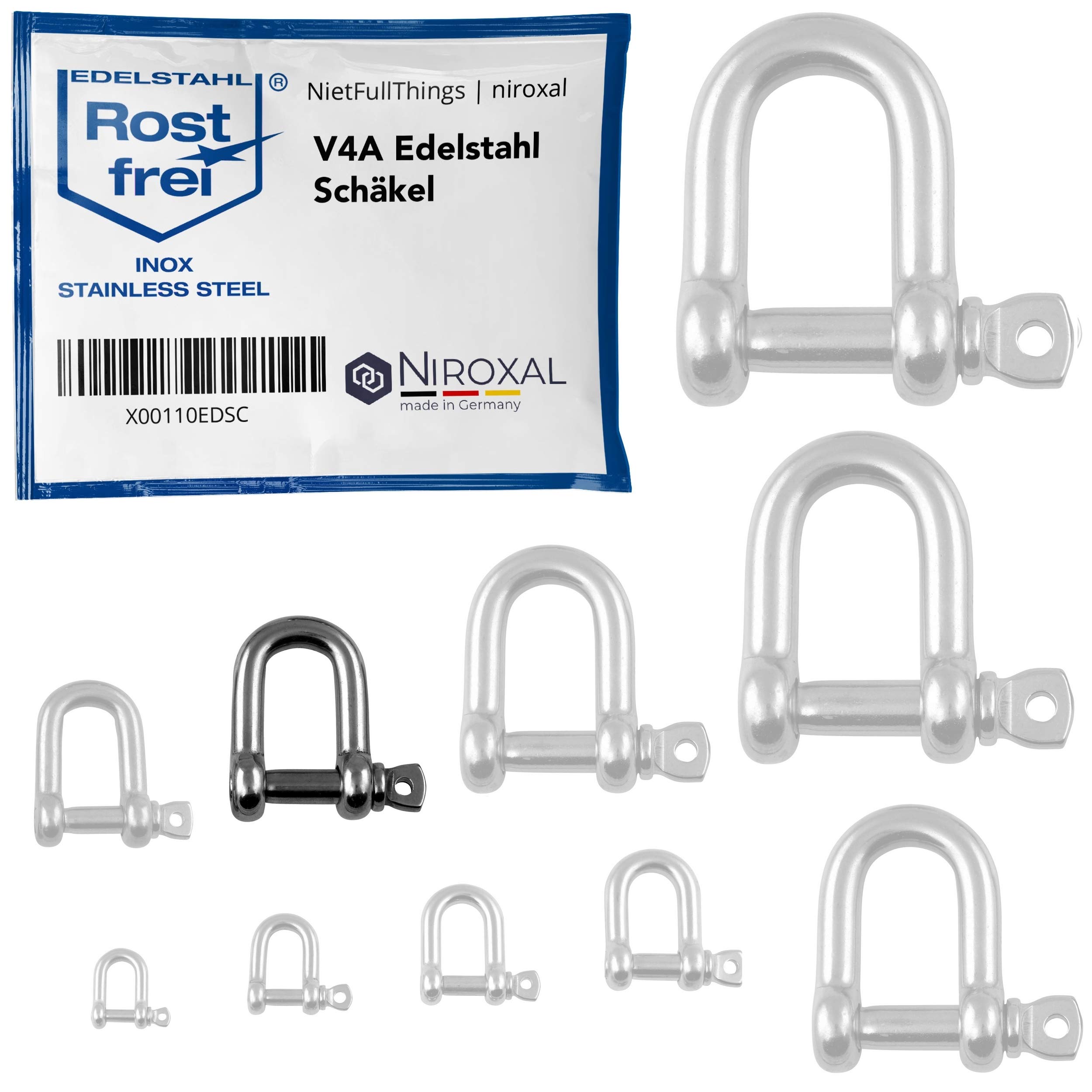 NietFullThings 20 pieces 10-mm Stainless steel shackles made of V4A short straight robust shape breaking load 4.500 kg Shackles 10x36-mm — image 1