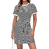 GRACE KARIN Striped Shirt Dresses for Women Front Tie Crewneck Wrap Dress Short Sleeve T-Shirt Casual Mini Bodycon Dress