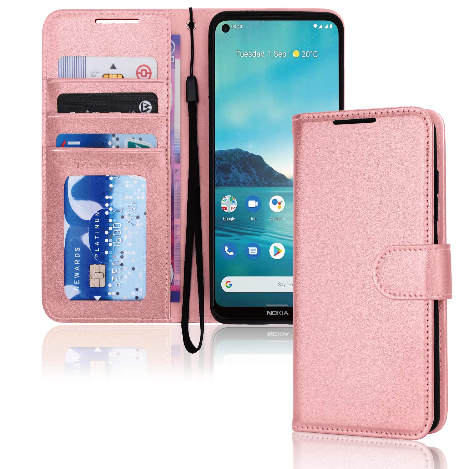 TECHGEAR Case Fits Nokia 3.4 Leather Wallet Case, Flip Protective Case Cover with Wallet Card Holder, Stand and Wrist Strap - Rose Gold PU Leather with Magnetic Closure Designed For Nokia 3.4