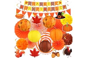 Motiskyy 28 Pcs Thanksgiving Party Decoration Include Thankful Happy Fall Banner Autumn Paper Lanterns Pom Pom Hanging Fans Bunting Garland Swirl Streamers for Thanksgiving Harvest