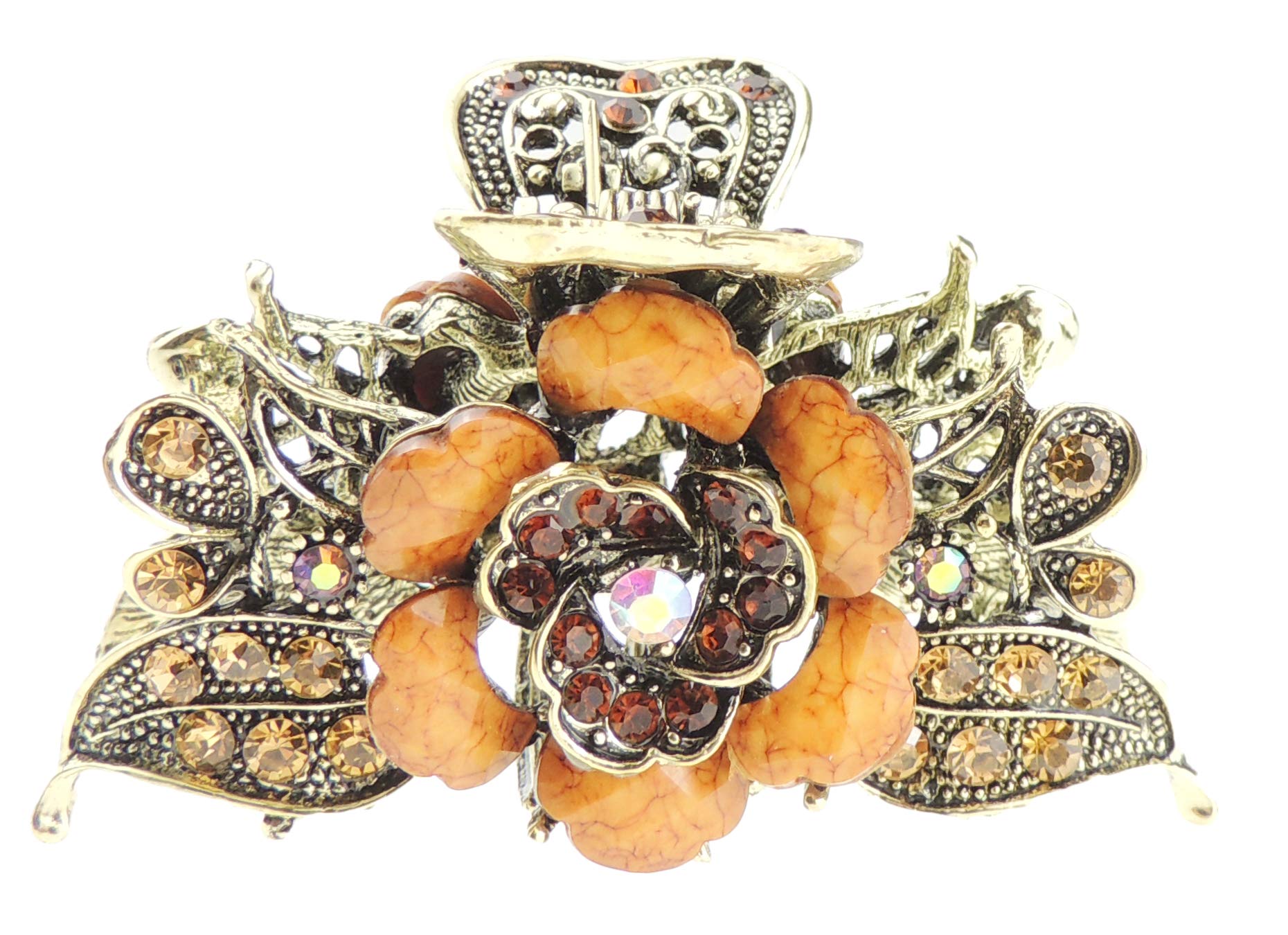 Women Girls Gold Metal Vintage Look Crystal Diamante Rhinestone Gems Bulldog Jaw Clip Octopus Short Small Hair Clamp Grip Bridal Wedding Party Styling Claw Rose Gold Brown Beige