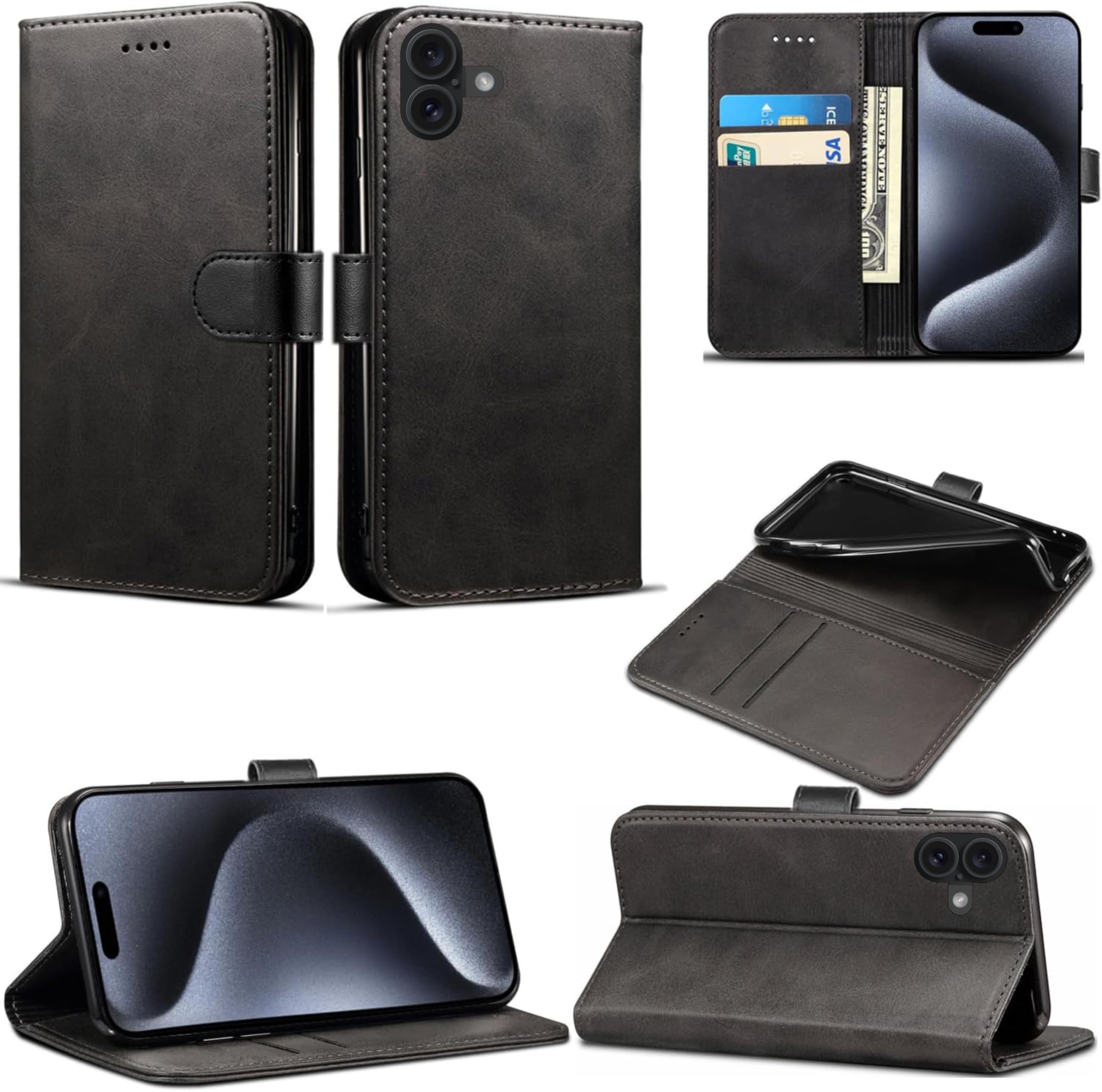 EKAM PU Leather Case for iPhone 16 6.1-Inch, Premium PU Leather Wallet Case Flip Phone Cover with [Card Holder][TPU Inner Shell] for iPhone 16 2024 (Black)