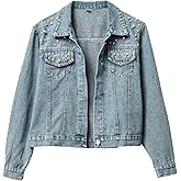 Simier Fariry Womens Embroidered Pearls Oversized Denim Jacket Spring Fall Long Sleeve Cotton Jean Coat Winter Clothes