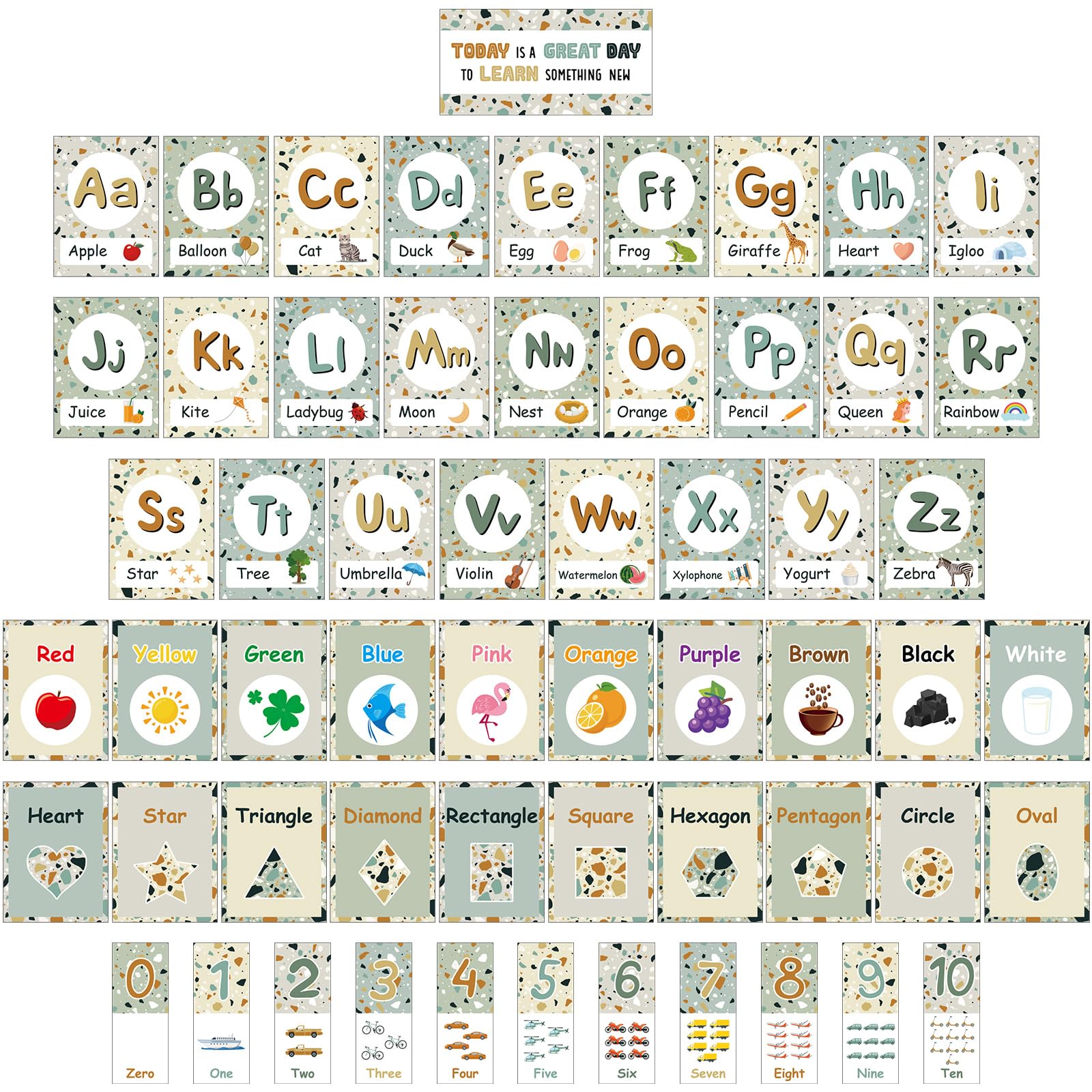 Photo 1 of Fuyoooo 58 Pcs Educational Bulletin Board Cards Alphabet and Number Bulletin Board Set Early Learning Color Shape Cutouts Toddler Educational Preschool Poster for Classroom Decoration (Terrazzo)