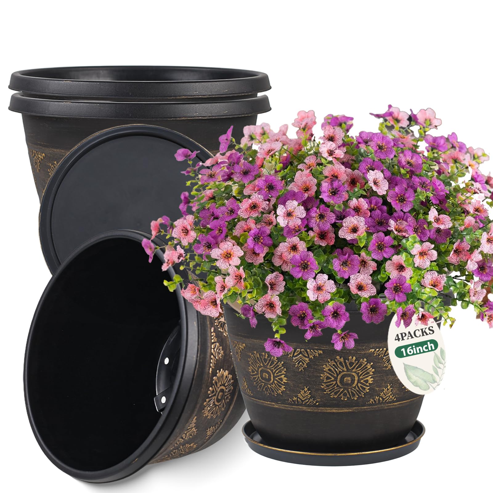 Photo 1 of Usocik 4 Pack 16 inch Plant Pots, Retro Pattern Planters with Drainage Holes and Saucer, Sturdy Plastic Garden Flower Pots for Indoor & Outdoor Plants