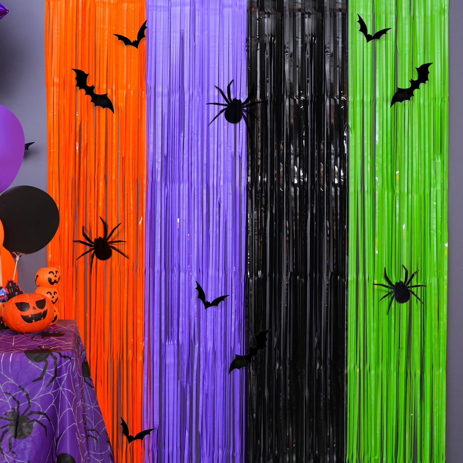 Photo 1 of Mega-L Halloween Party Decorations, 4 Pack Orange Purple Black Green Photo Booth Props, 13.2 x 6.6 ft Halloween Tinsel Foil Fringe Curtains with Bats, Photo Backdrop Streamers Halloween Party Supplies