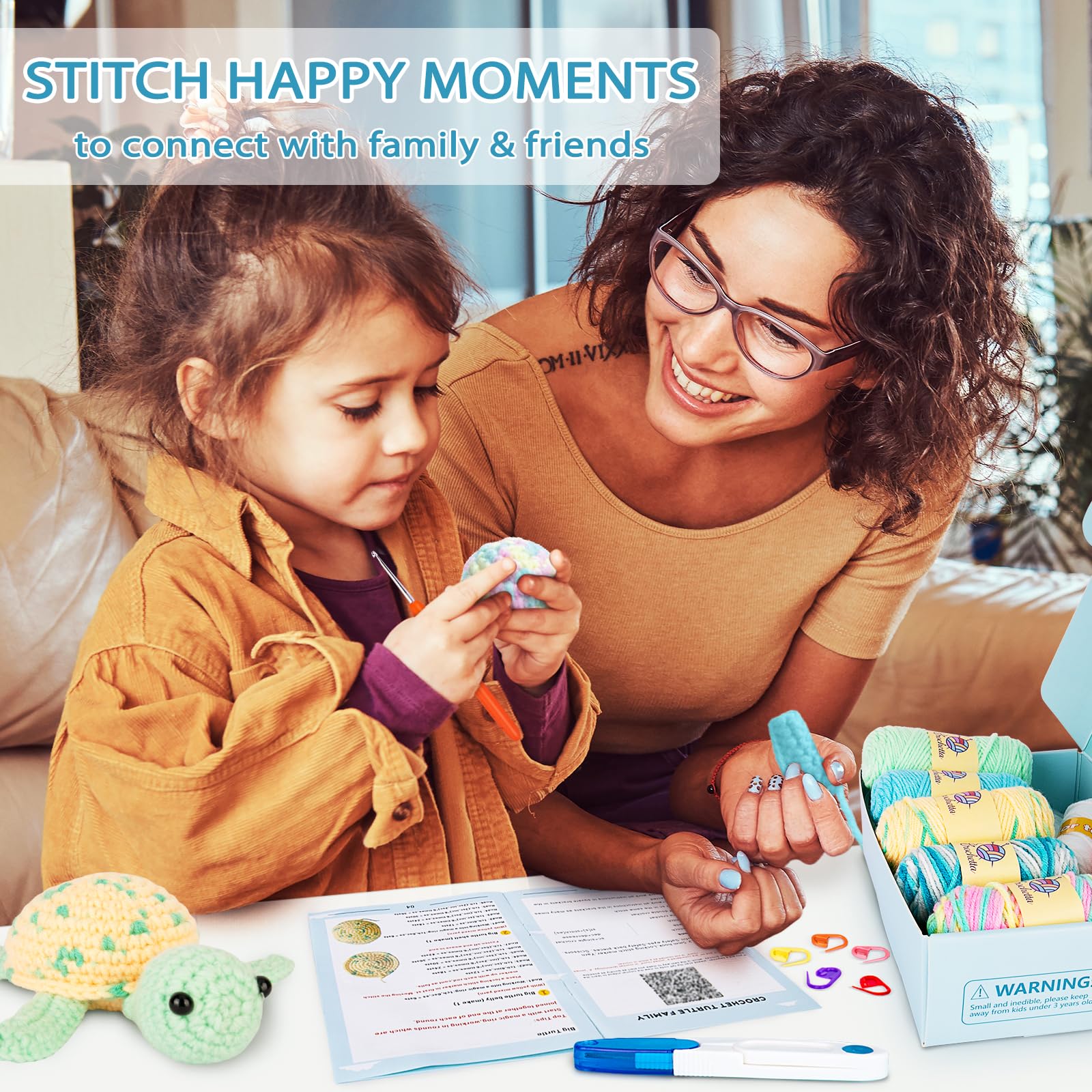 Crochetta Crochet Kit for Beginners, Beginner Crochet Kit for Adults with Step-by-Step Video Tutorials, DIY Crochet Animal Kits Kids Knitting Supplies, 3 Pack Turtle Family (40%+ Yarn)