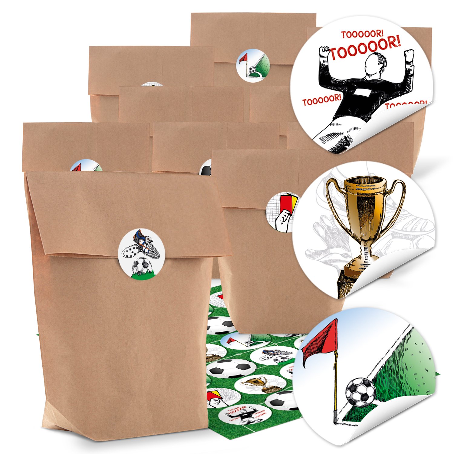 24 Paper Bags Children's Bags Brown Football Party Children's Birthday 16.5 x 26 x 6.6 cm and 24 Stickers with Football Motifs for Football Fans for Birthday 4 cm for Party Bags