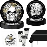 121 Pcs Gothic Halloween Party Tableware Set for 24 Guests – Black Skull Skeleton Disposable Plates, Cups, Napkins and Tablecloth for Spooky Gothic Halloween Party Decorations