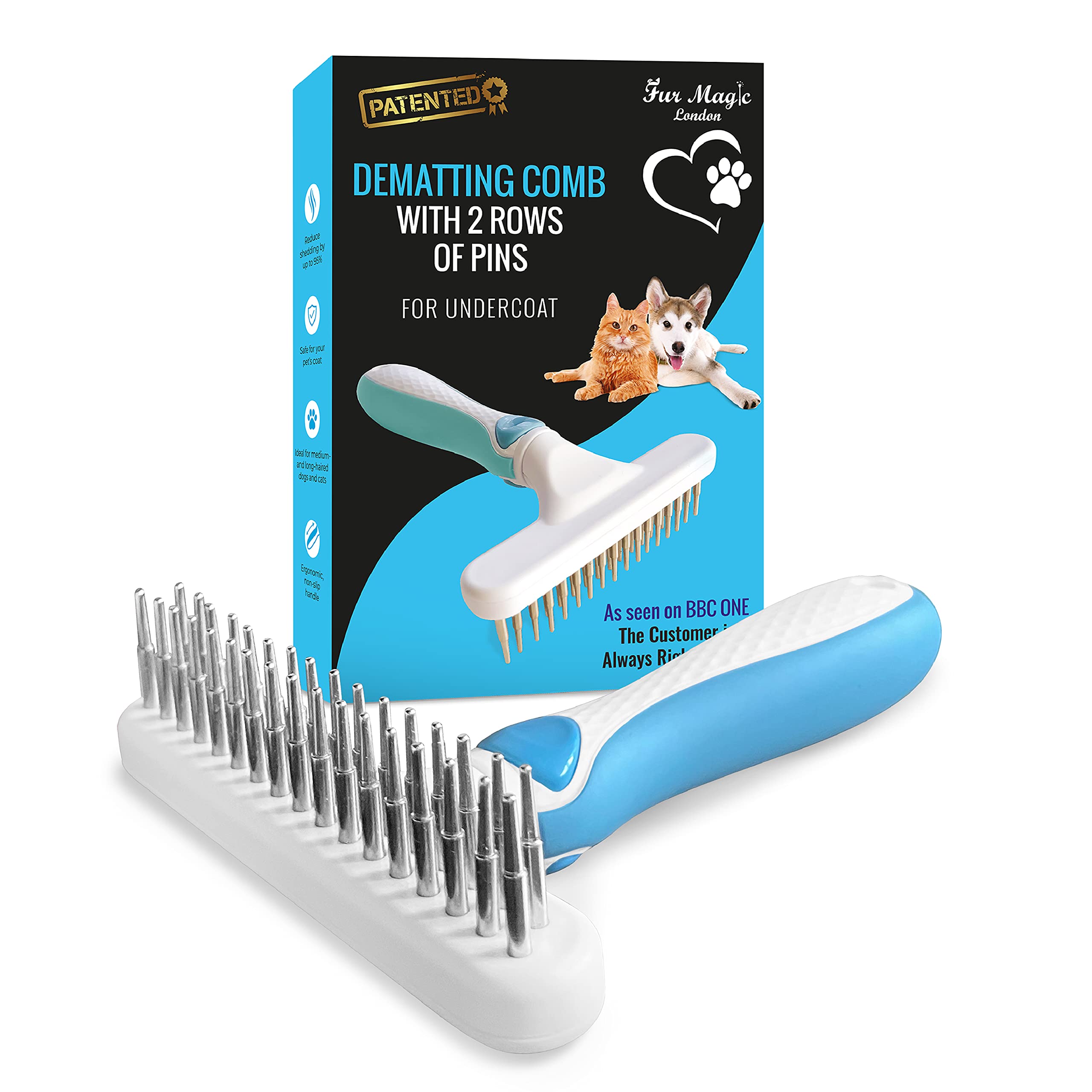 Fur Magic Dematting Comb for Dogs – Undercoat Brush for Dog Grooming - Double Row Stainless Steel Pins Dog Brushes for Shedding – Skin-Friendly and Safe Deshedding Tool for Dogs