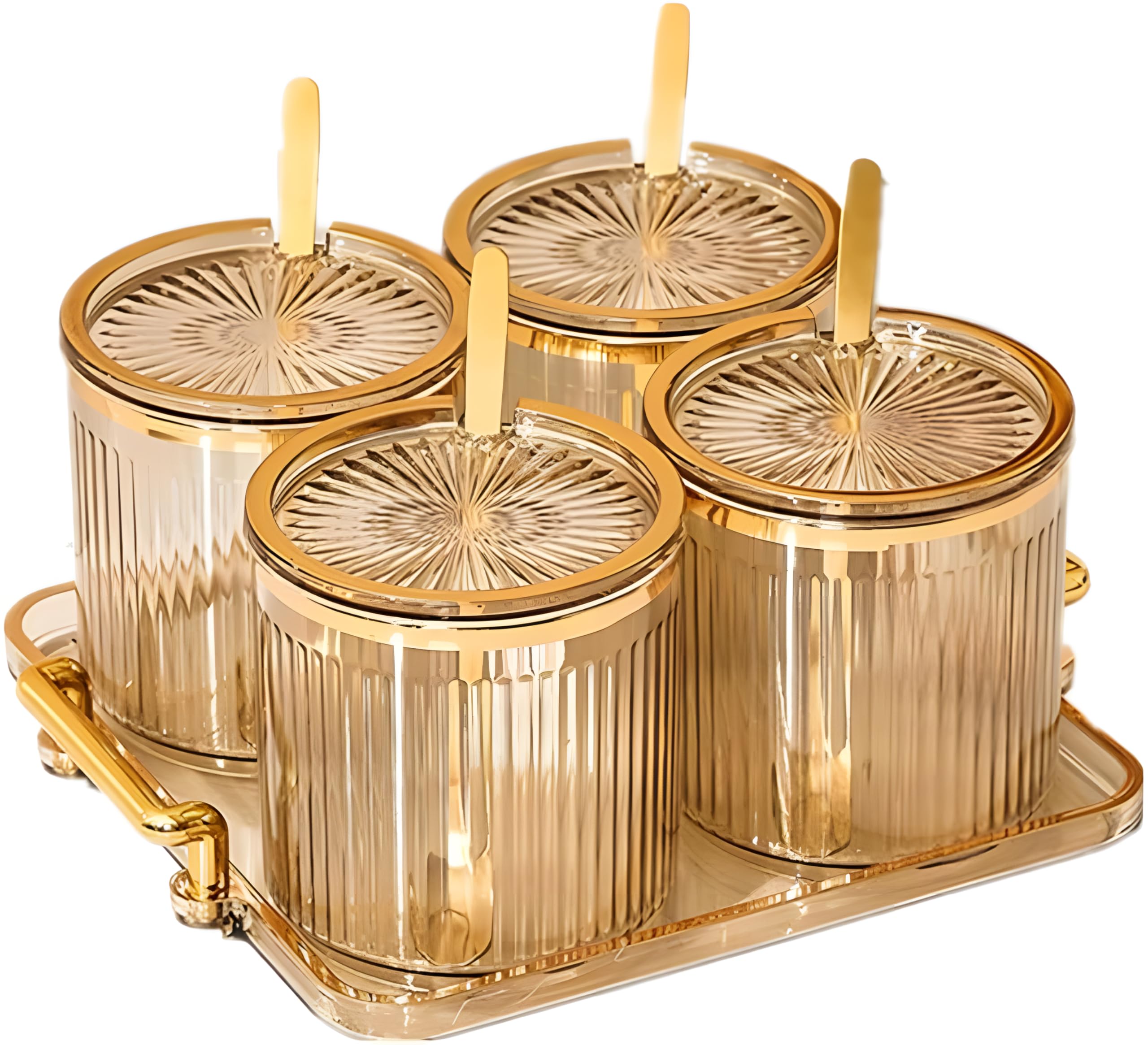 Photo 1 of Acrylic Condiment Spice Jars,Condiment Spice Box With Lids and Spoons and Tray,Clear Plastic Condiment Canisters,Seasoning Box 4 Pack,Seasoning Box Set for Kitchen to Storage Salt,Paprika,Sugar
