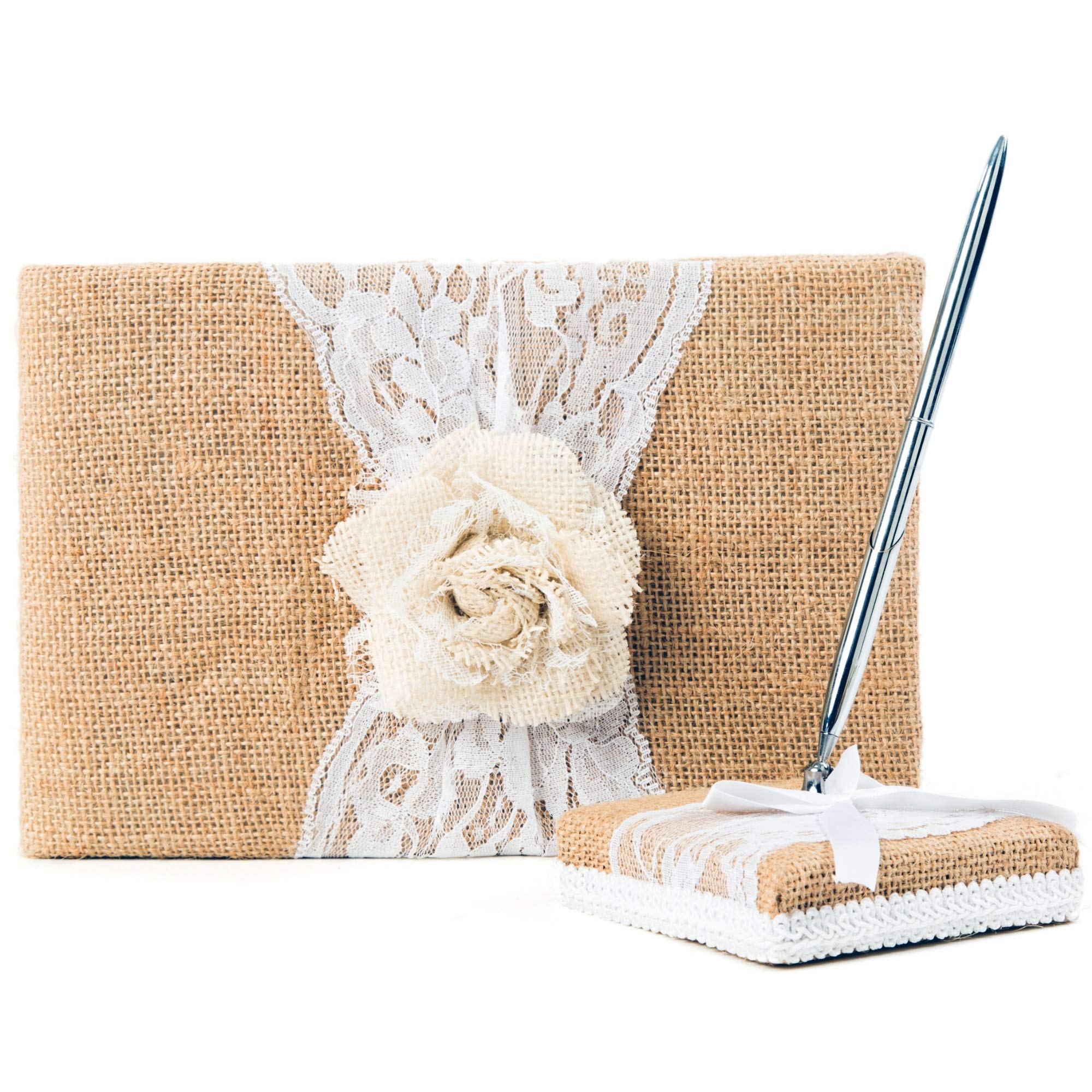 BETTERLINE Rustic Wedding Guest Book Made of Burlap and Lace - Includes Matching Pen Holder and Silver Pen - 120 Lined Pages for Guest Thoughts - Comes in Gift Box (White Rose)