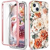 CASEFACOTRY for iPhone 14/13 Case 6.1, [with Screen Protector] [Compatible with Mag-Safe] Shockproof Lightweight Dual-Layer Full-Body Protective Case for Women & Girls, Orange White Flowers
