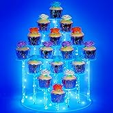 Cupcake Stand with Lights, Blue Cupcake Tower Stand for 16 Cupcakes, Acrylic Cupcake Display Stands for Parties and Dessert Table, Clear Cupcake Holder for Small Collections.