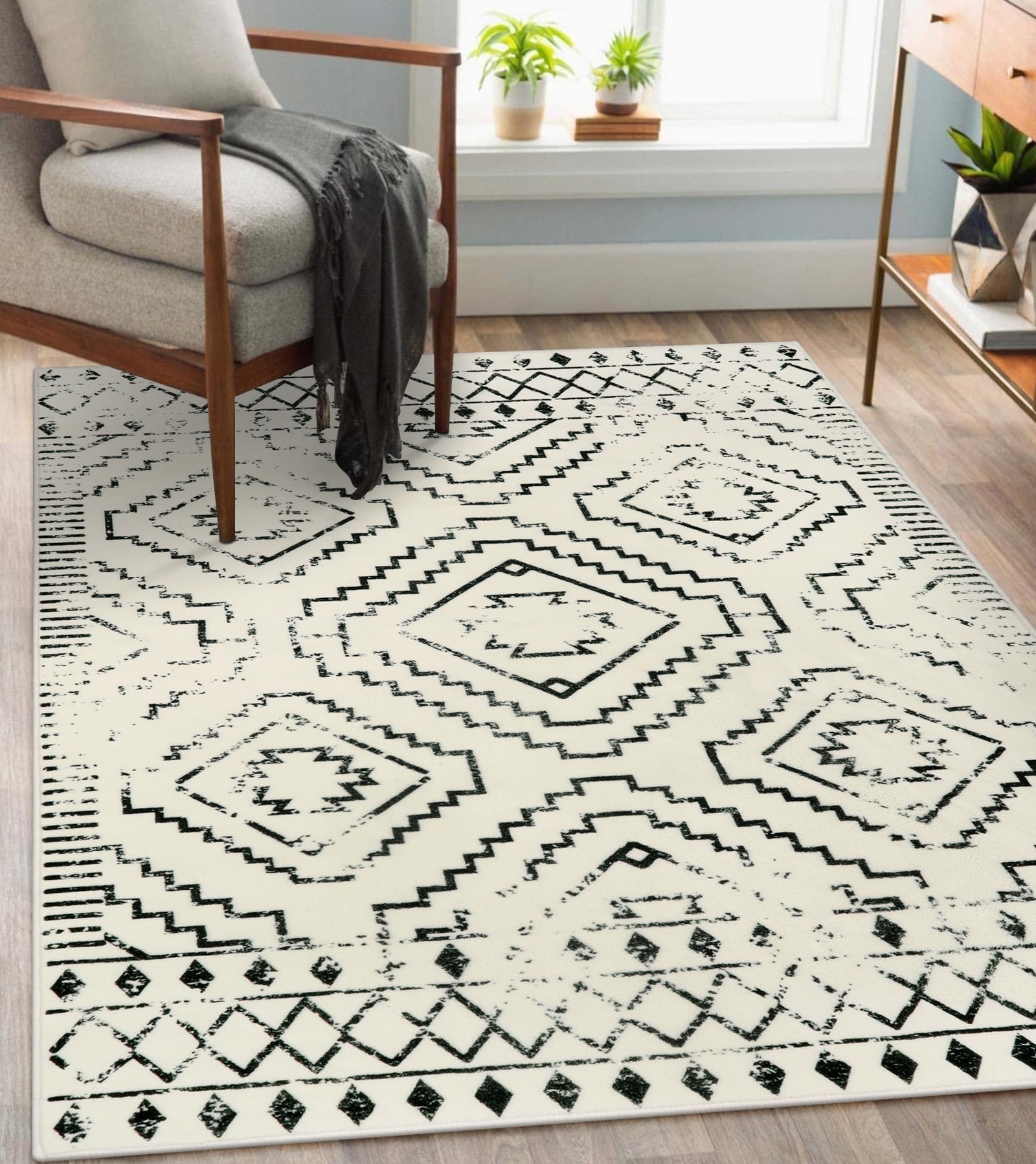 Photo 1 of Wonnitar Moroccan 4x6 Area Rug, White Boho Rugs for Living Room, Washable Soft Large Rug for Bedroom,Non-Slip Geometric Throw Carpet, Low Pile Accent Mat for Nursery Bedside Dorm (Beige,4'x6')