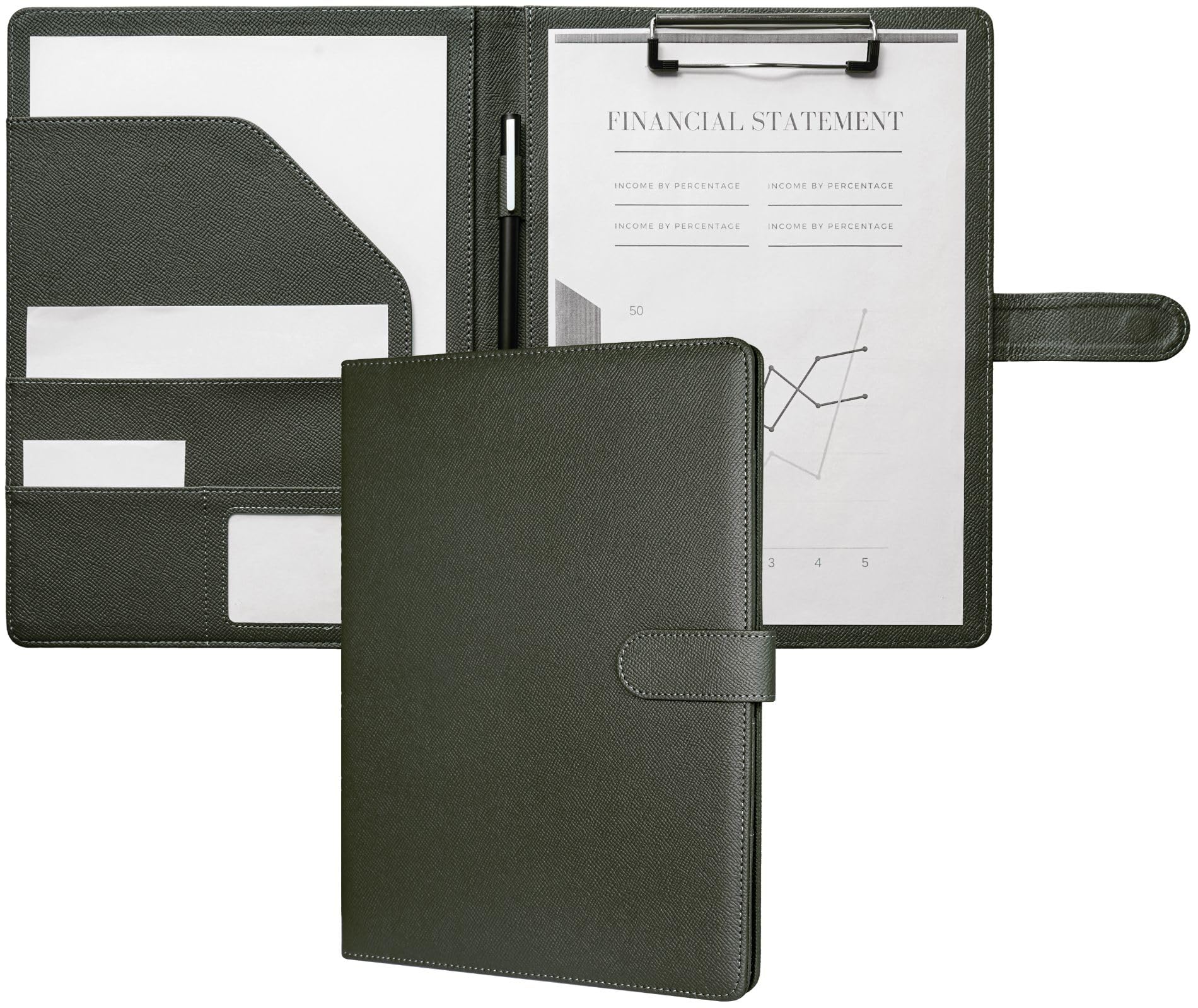 Mymazn A4 Clipboard Folder Conference Folder, Faux Leather Clipboard with Cover for Legal Pad, Portfolio Folder A4 Clip Board with Storage, A4 Organiser for Business (Olive Green)