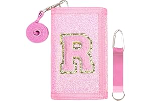 SiorVeol Kids Wallet Girls Trifold Initial Glitter Wallets with Zipper and Card Slots Including Neck Lanyard and Hanging Strap, Pink, R
