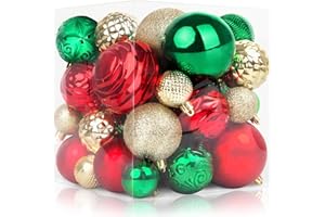 OUDDY PARTY 36PCS Christmas Tree Ornaments Decorations, Red Green and Gold Shatterproof Christmas Ball Ornaments Bulk Plastic Hanging Decor Glitter Set for Xmas Party Home Holiday Decor in 9 Styles