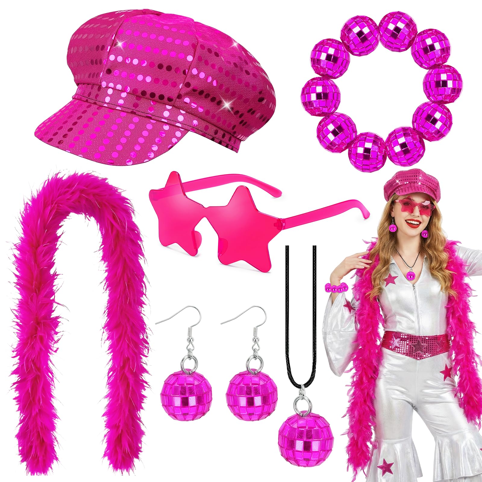 Vervora Disco Fancy Dress Accessories Set for Adults – 70s Disco Costume Kit with Feather Boa, Sequin Cap, Star Glasses, Disco Ball Necklace Earrings Bracelet for Theme Party (Pink)