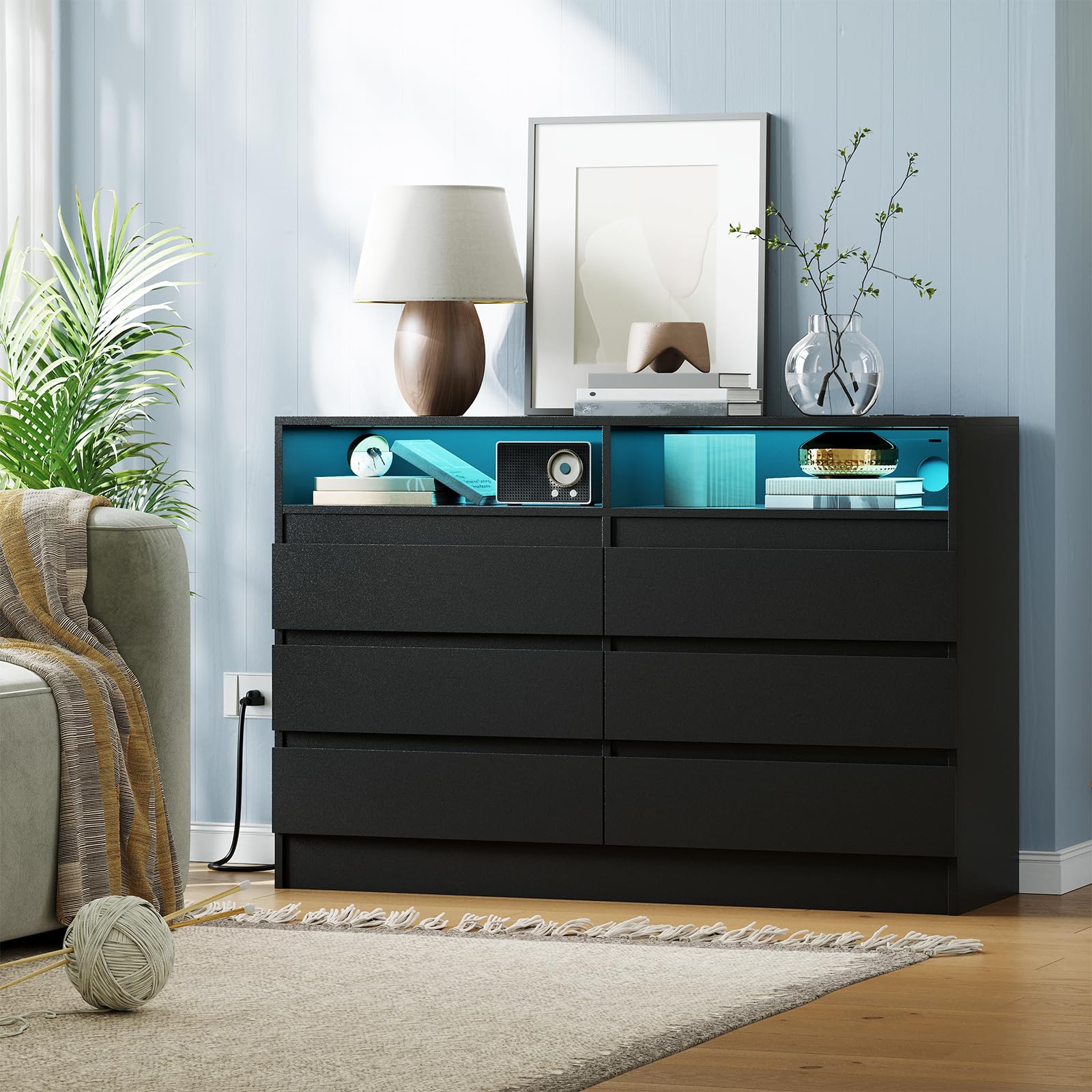 Photo 1 of ***MISSING PARTS***PeacefulHues 6 Drawer Dresser with Charging Station and LED Lights, Modern Chest of Drawers with Power Outlet, Organizer Cabinet for Bedroom, Living Room, Entryway