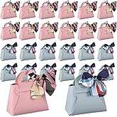AojSup 24 Pcs PU Leather Purse Gift Bags with Handles Ribbon Purse Party Favor Bags for Baby Showers Birthday Wedding Candy, Pink