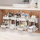 Sevenblue Under Sink Organizer, Bathroom Organizers and Storage, 2 Tier Multi-Use Pull Out Cabinet Organizer with Hang Hooks and Cups (White, 4 Pack)