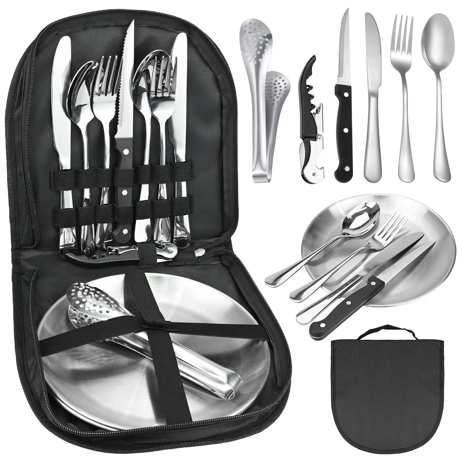 11Pcs Camping Cutlery Set - Stainless Steel Portable Picnic Utensils with Plates, Grill Tong, and Bottle Opener - Ideal for Road Trips, Picnics, and Camping Adventures