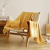 Simple&Opulence Cotton Muslin Throw Blanket 4 Layers for Bed, Couch, Woven Gauze Blanket with Tassels, Soft Lightweight Cozy Pre-Washed Breathable Farmhouse Decoration for All-Season(Yellow)