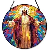 Hxlac Jesus Christian Suncatcher Stained Glass Window Hanging, Jesus Religious Sun Catchers Indoor Window Glass Round Wall Decor, Christian Wall Art Hanging Decorations, 7.8"x7.8"