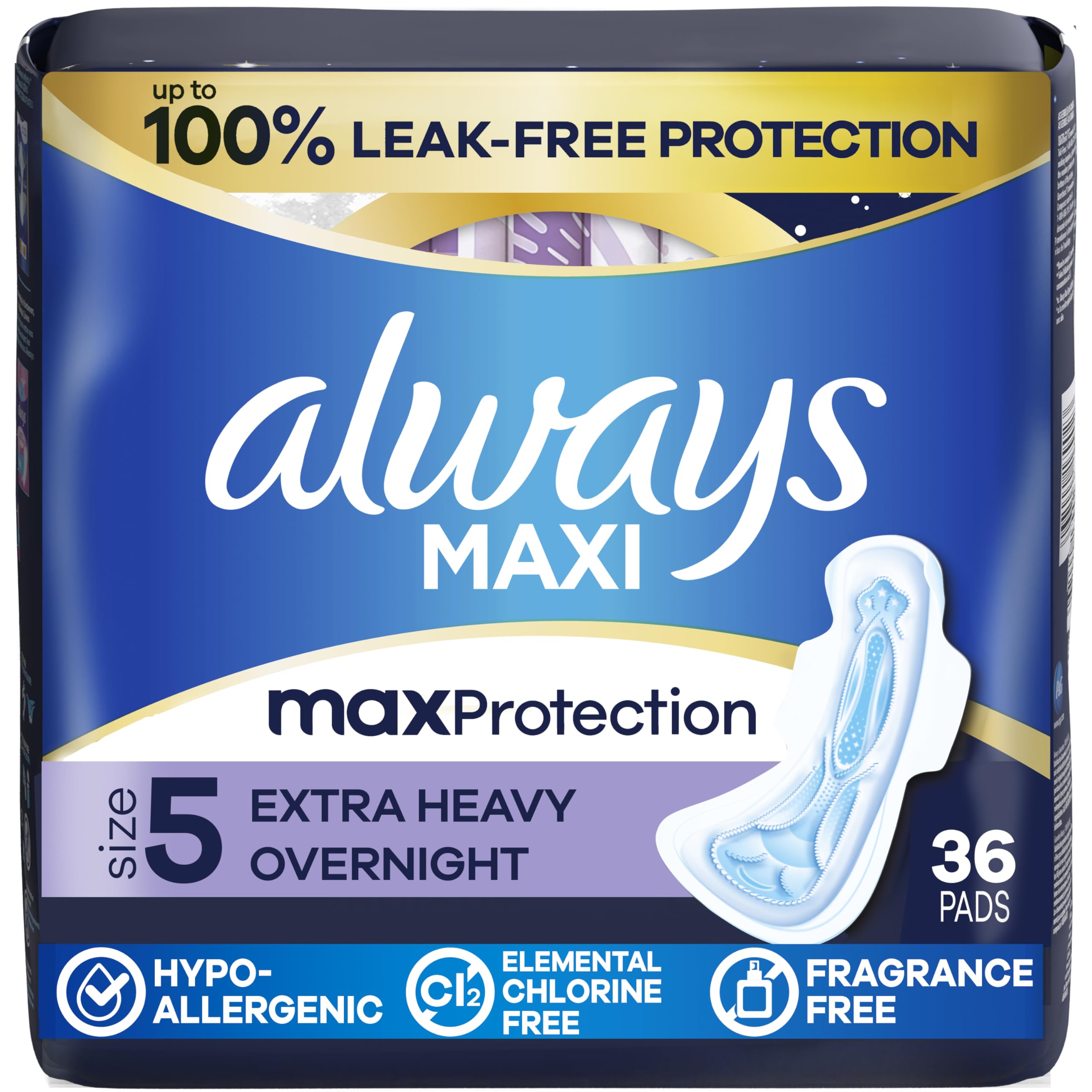 Always Maxi Overnight Pads with Wings for Women, Size 5, Extra Heavy Overnight Absorbency, Unscented, 36 Count