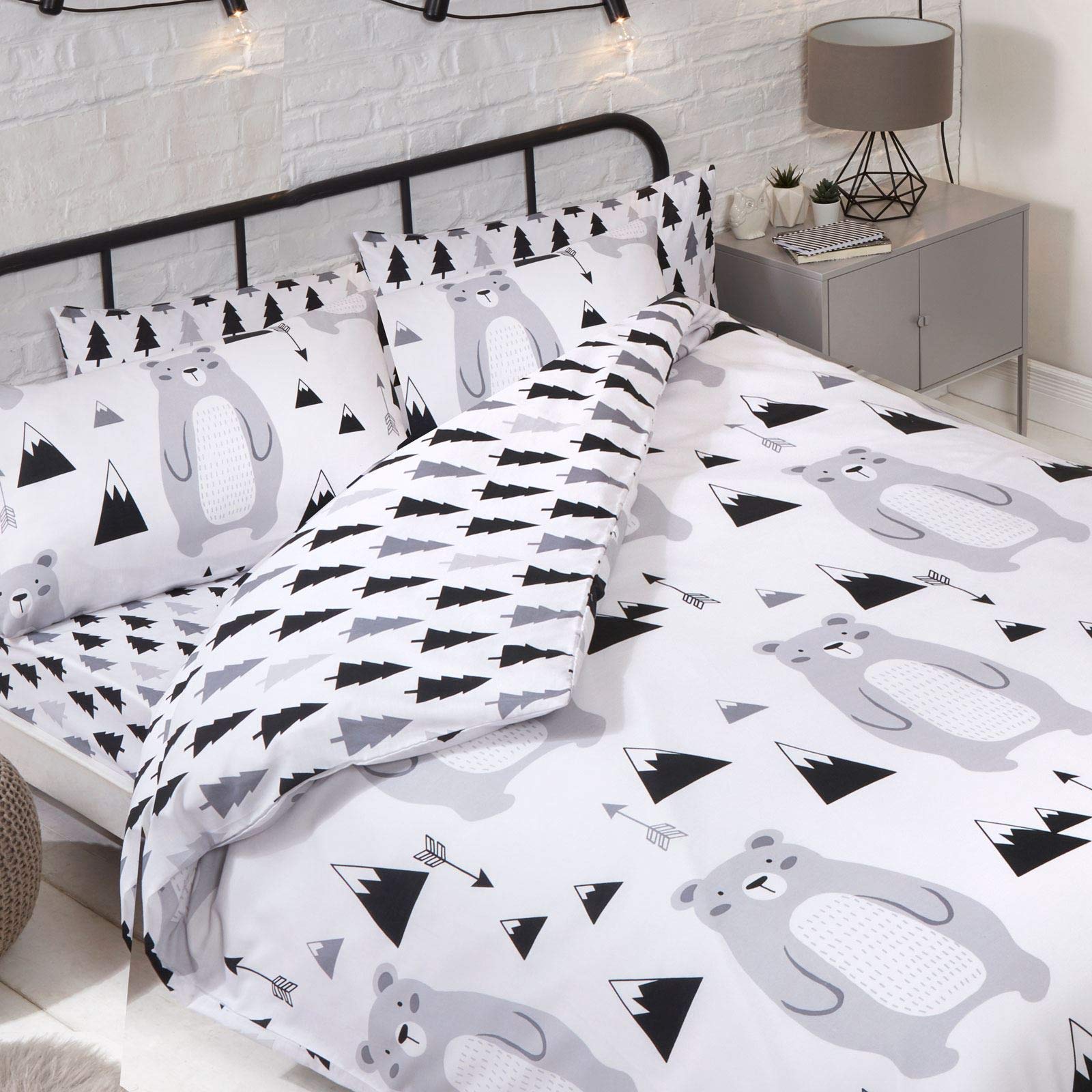 Scandi Bear Forest Bedroom Range Kids White/Grey/Black - Duvet Cover Set, Fitted Sheet Set & Curtains Available (Double Duvet Cover Set)