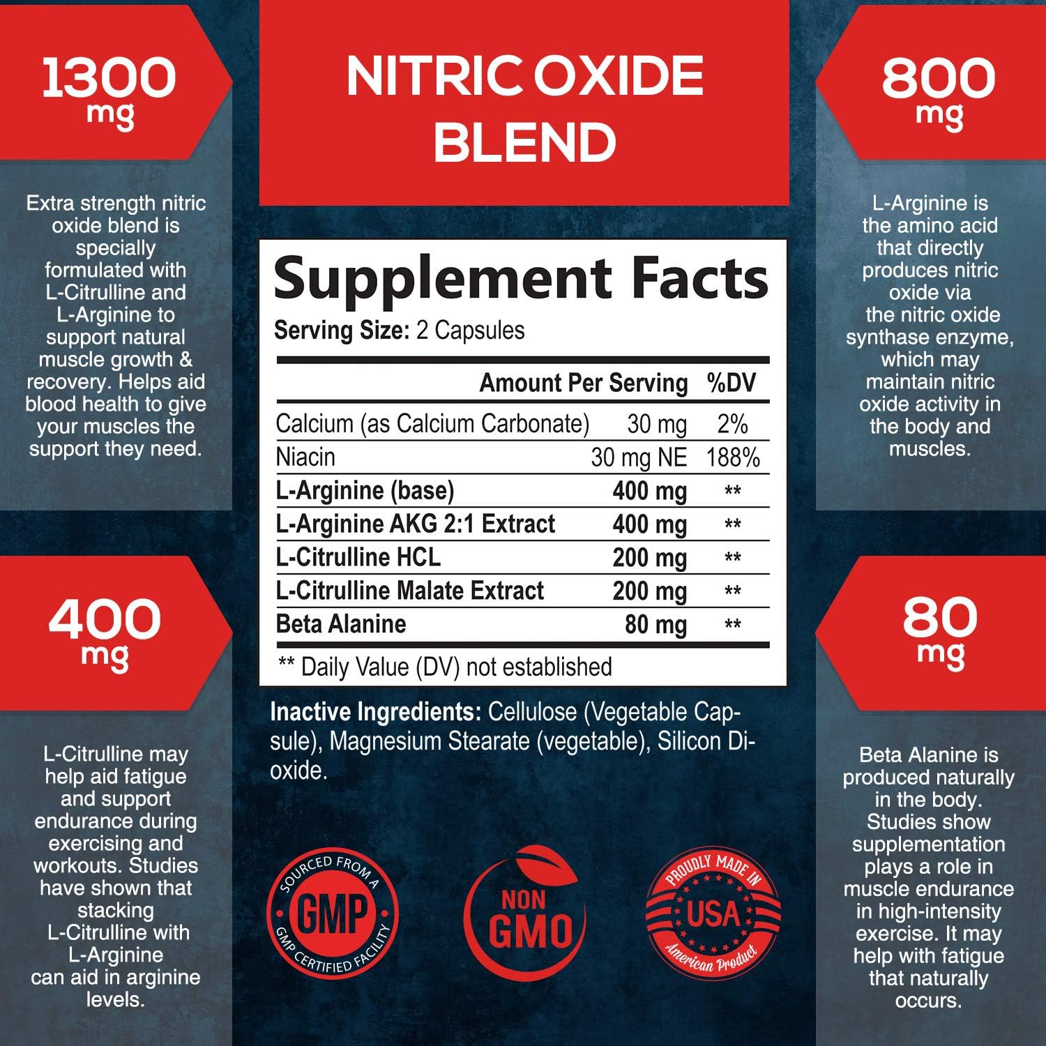 Extra Strength Nitric Oxide Supplement L Arginine 1300mg - Citrulline Malate, AAKG, Beta Alanine - Premium Muscle Building No Booster for Strength & Energy to Train Harder - 60 Capsules: Health & Personal Care