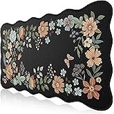 HAOCOO Desk Mat for Keyboard and Mouse, Large Scalloped Desktop Mat, Floral Mouse Pad for Desk, Washable Computer Desk Mat with Edge Stitching, Non-Slip Large Mouse Pad for Office, Home(Black)