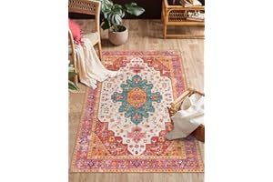 Moynesa Ultra-Thin Washable Vintage Area Rug - 3x5 Boho Girls Bedroom Non-Slip Non-Shedding Oriental Medallion Living Room Mat Indoor Carpet for Office Nursery Room, Pink/Teal/Multi