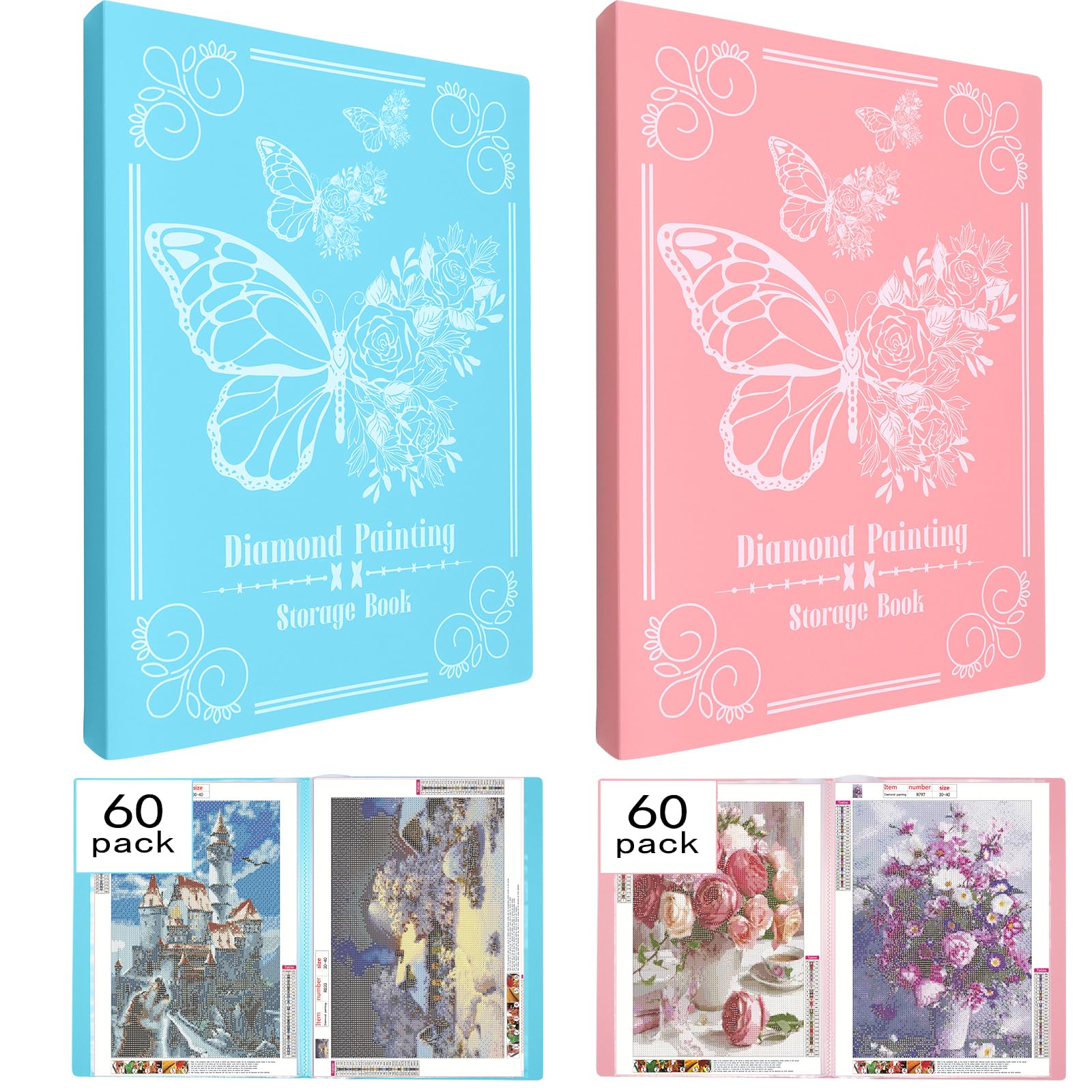 ZYNERY 2 Pack A3 Diamond Painting Storage Book, 60 Pages Art Portfolio Diamond Art Storage Large Art Folder - Suitable for 12x16 inch Diamond Painting (Pink + Blue)