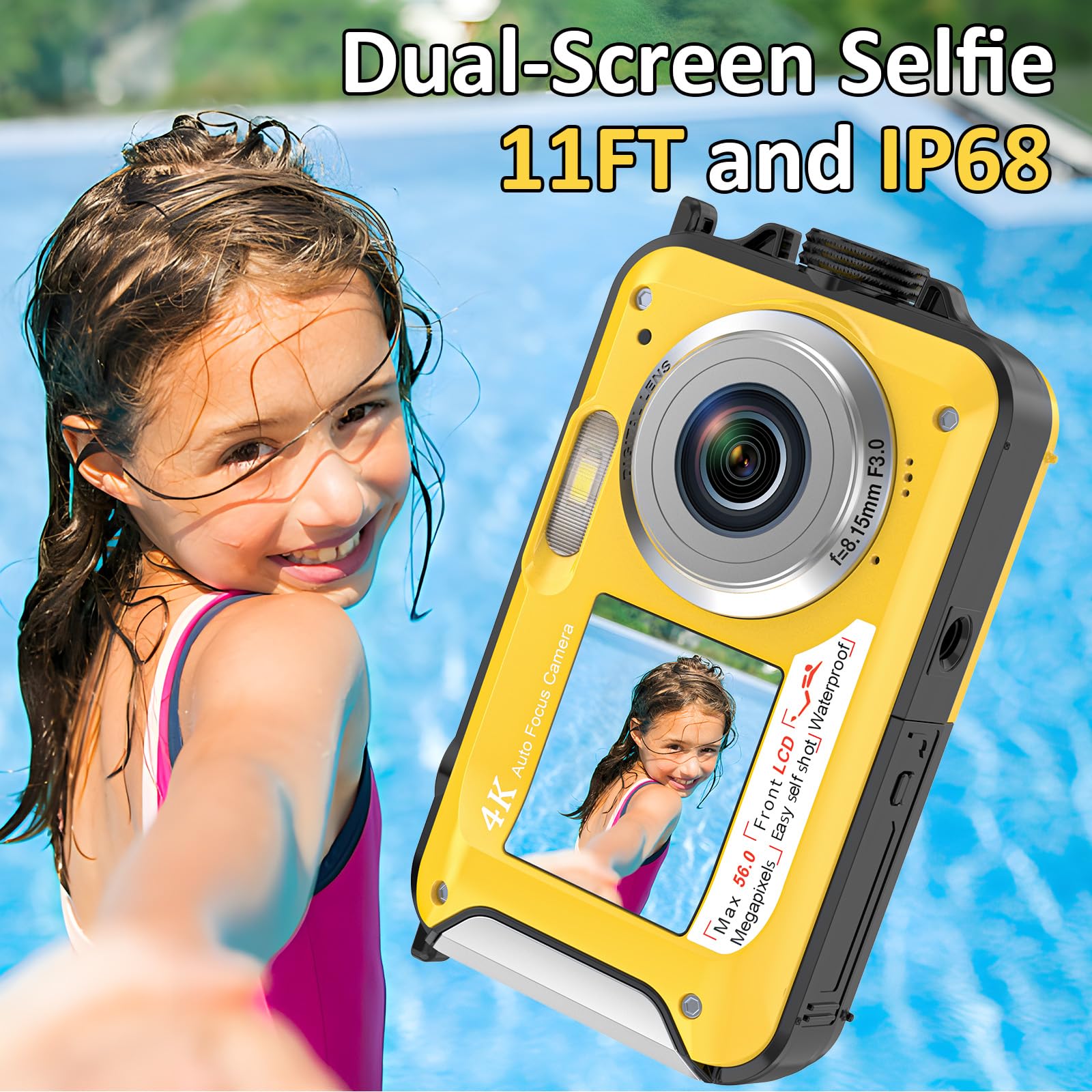 4K Digital Camera 11FT Underwater Camera with 32GB Card 56MP Autofocus Dual-Screen Selfie Waterproof Camera for Snorkeling Compact Floatable Point and Shoot Digital Camera 1250mAh Battery