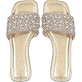 GORGLITTER Women's Pearl Gold Sandals Rhinestone Boho Dressy Wedding Cute Square Open Toe Slides Shoes 2025