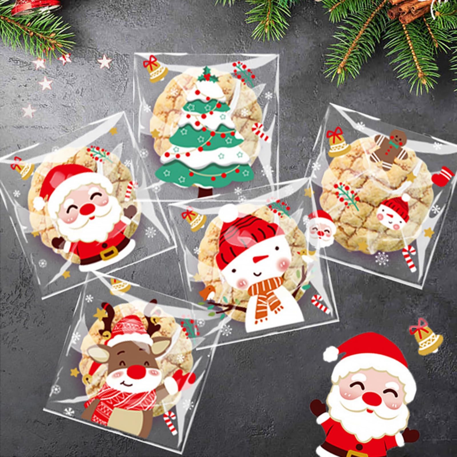 Photo 1 of 100PCS 5x4 Inch Christmas Treat Bags - Self-Adhesive Cellophane | For Candy, Donut, Chocolate & Cookies | 5 Festive Designs | Perfect for Holiday Party Favors & Gift Packaging