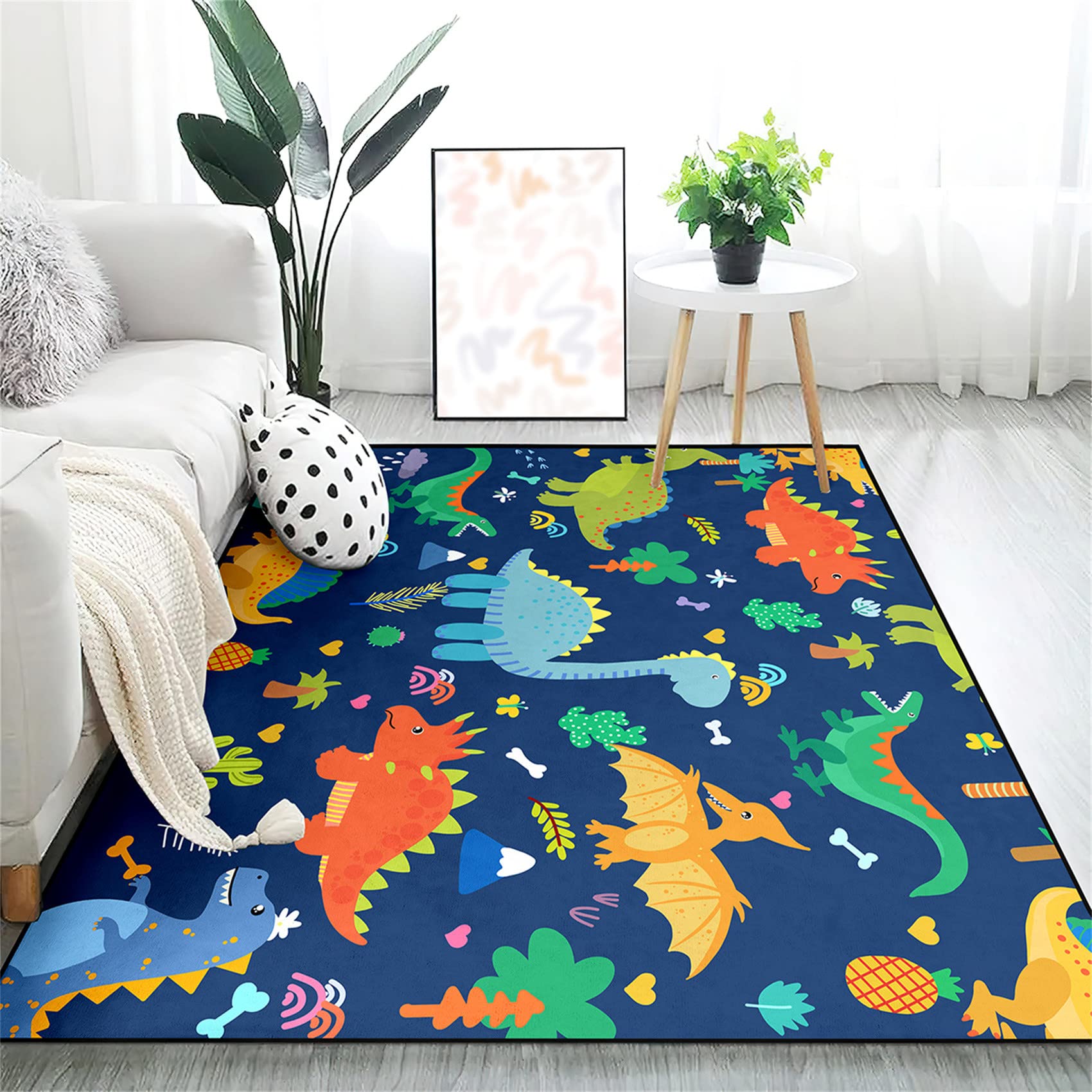 Photo 1 of Cartoon Dinosaurs Area Rugs for Kids Blue Lovely Animal Patterns Carpet Dinosaur Carpet for Boys Bedroom Kitchen Playing Room Dinosaur Room Decor, 5'×7'